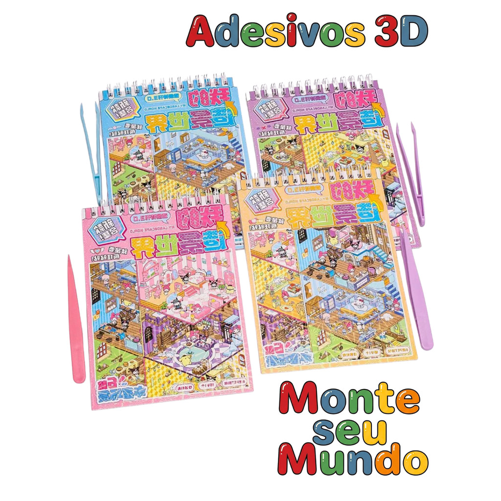 Livro Interativo c/ Adesivos 3D Monte Seu Mundo 6 Cenários + Pinça