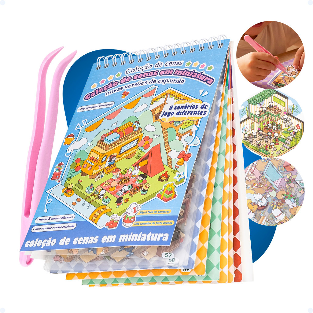 Caderno Adesivo 3D Cenários Interativos Com Pinça Monte E Decore Seu Mini Mundo Livro Infantil