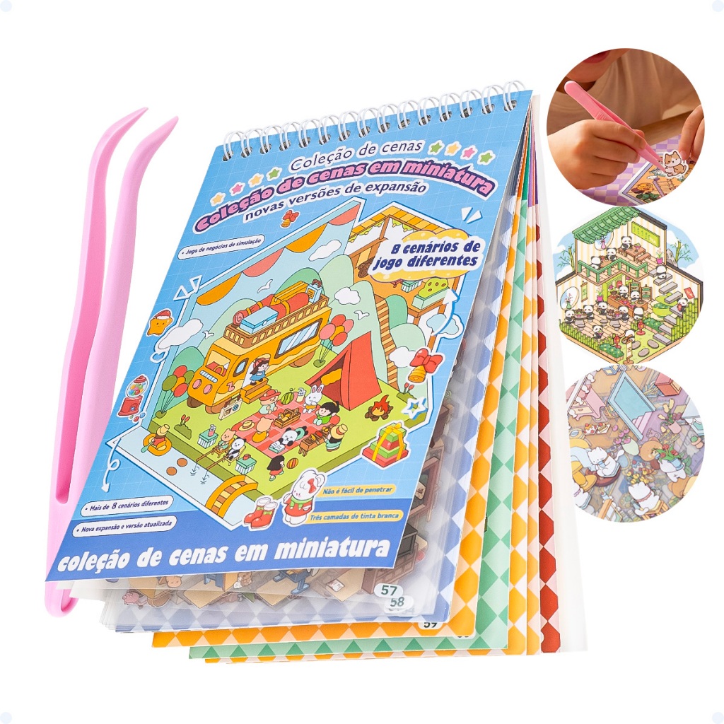 Caderno Adesivo 3D Cenários Interativos Com Pinça Monte E Decore Seu Mini Mundo Livro Infantil