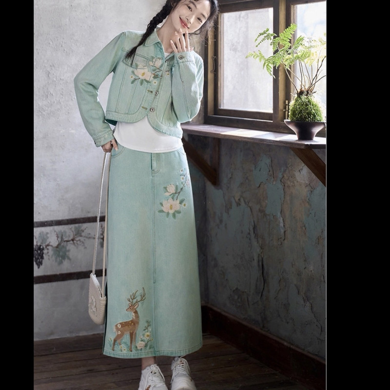 2026 Spring New Chinese Style Embroidered Denim Jacket and Skirt Set for Women, Heavy-Duty Washed Long Skirt Two-Piece S