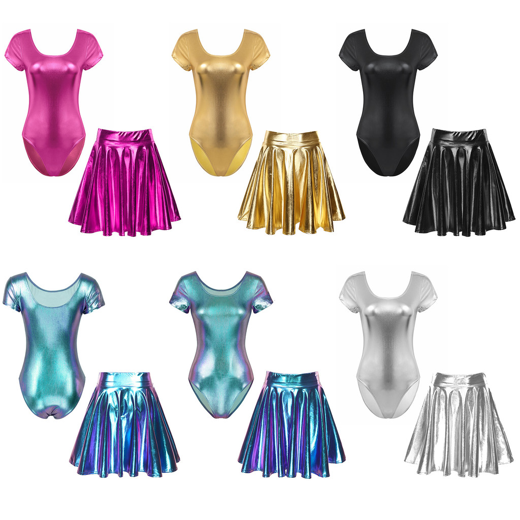 inhzoy Womens Metallic Set Short Sleeve Bodysuit with High Waist Flare Skirt for Party Club Bar