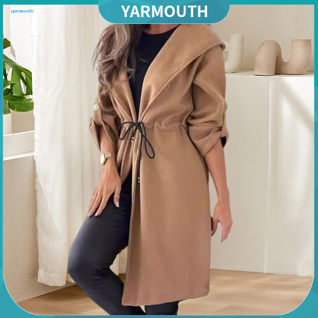 Women Long Cardigan Jacket Coat Lady Winter Drawstring Slim Waist Hooded Thick Mid-length Overcoat Warm Sleeve with Cuff