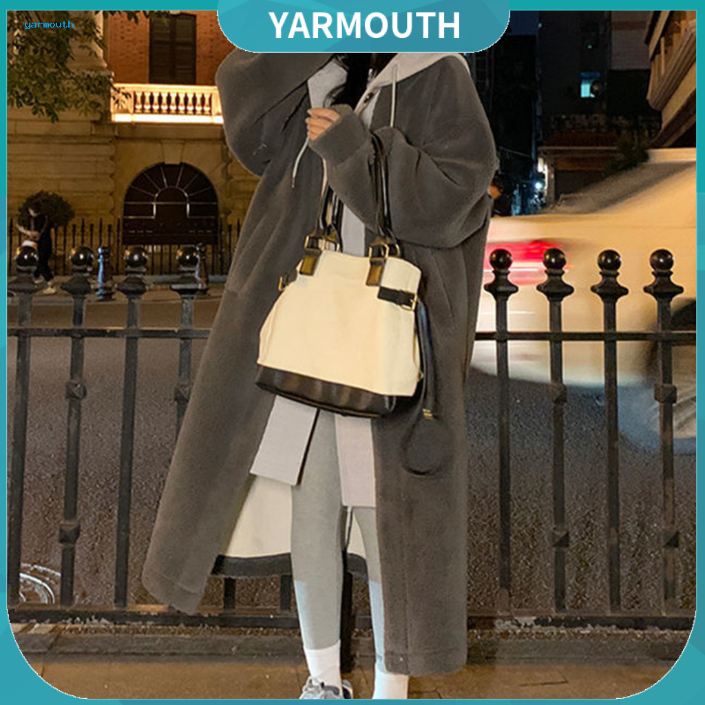 Women Winter Jacket Fake Two-piece Coat Women’s Hooded Long Sleeve Thick Plush Warm Knee-length Overcoat Colorblock Lo