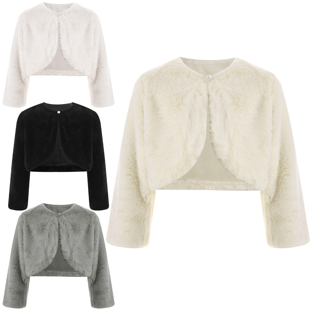 inhzoy Kids Girls Faux Fur Bolero Shrug Crop Jacket Long Sleeve Open Front Coat Overcoat Outerwear