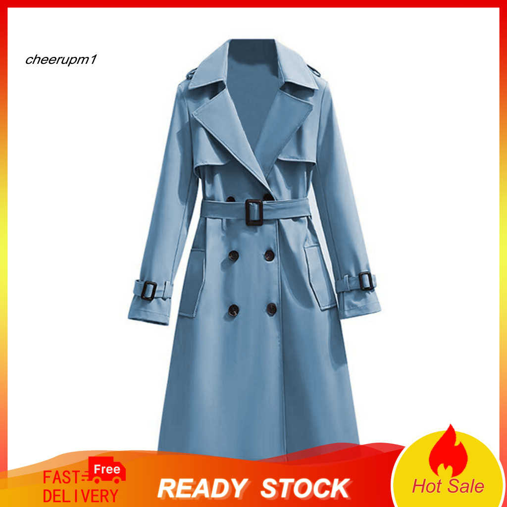 Polyester Trench Coat Women Women’s Double Breasted Long with Belt Notch Lapel Overcoat for Fall Winter Windproof Clas