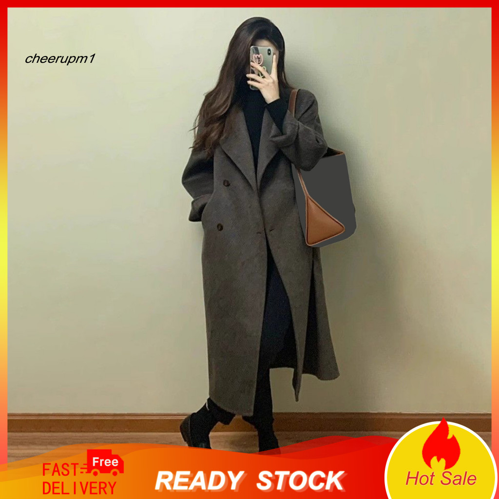 Women Wool Coat Double Row Buttons High-quality Outerwear Women’s Long Double-breasted Pea Notch Lapel Trench Overcoat