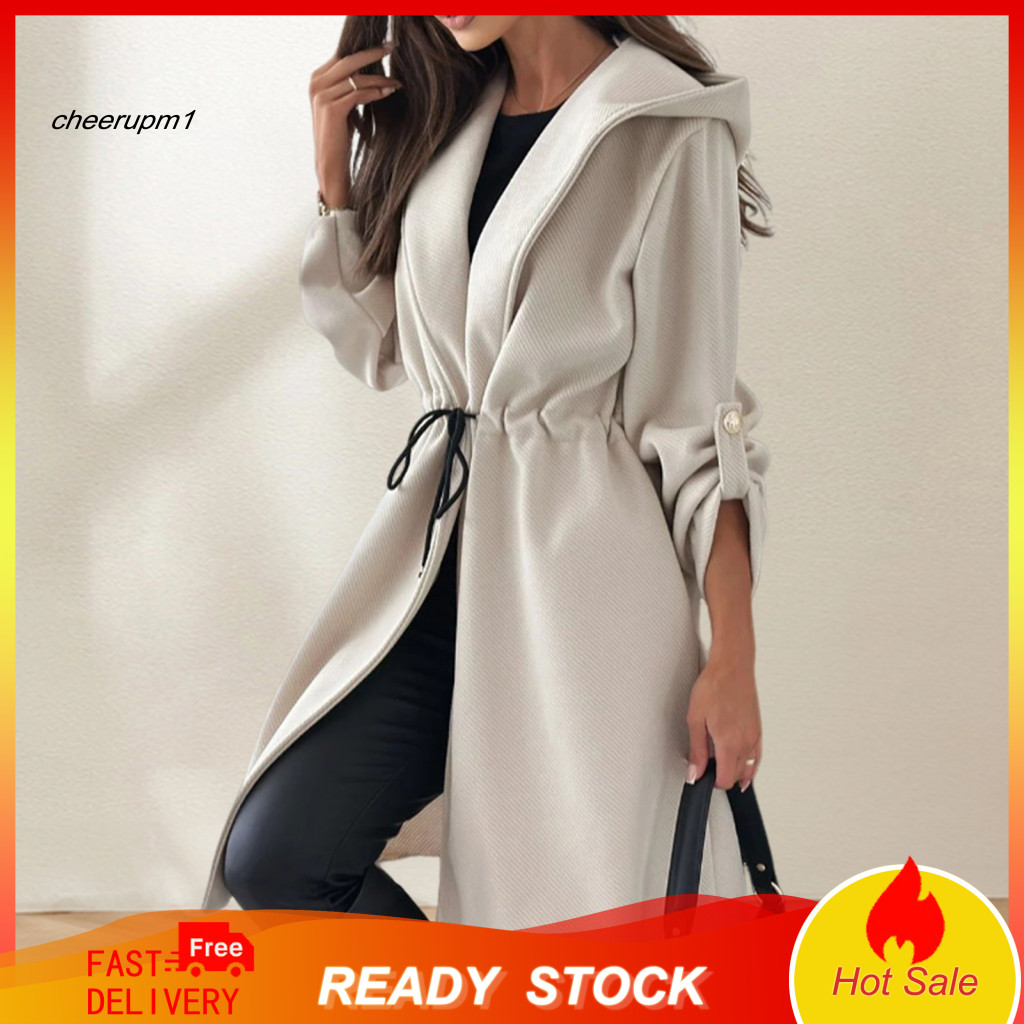 Women Long Cardigan Jacket Length Coat Lady Winter Drawstring Slim Waist Hooded Thick Mid-length Overcoat Warm Sleeve wi
