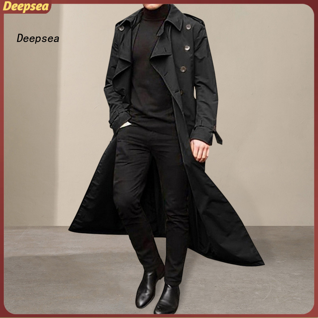 Men's Trench Coat Double Breasted Long Sleeve Windbreaker Solid Color Lapel Outdoor Business Overcoat Stylish Style Jack