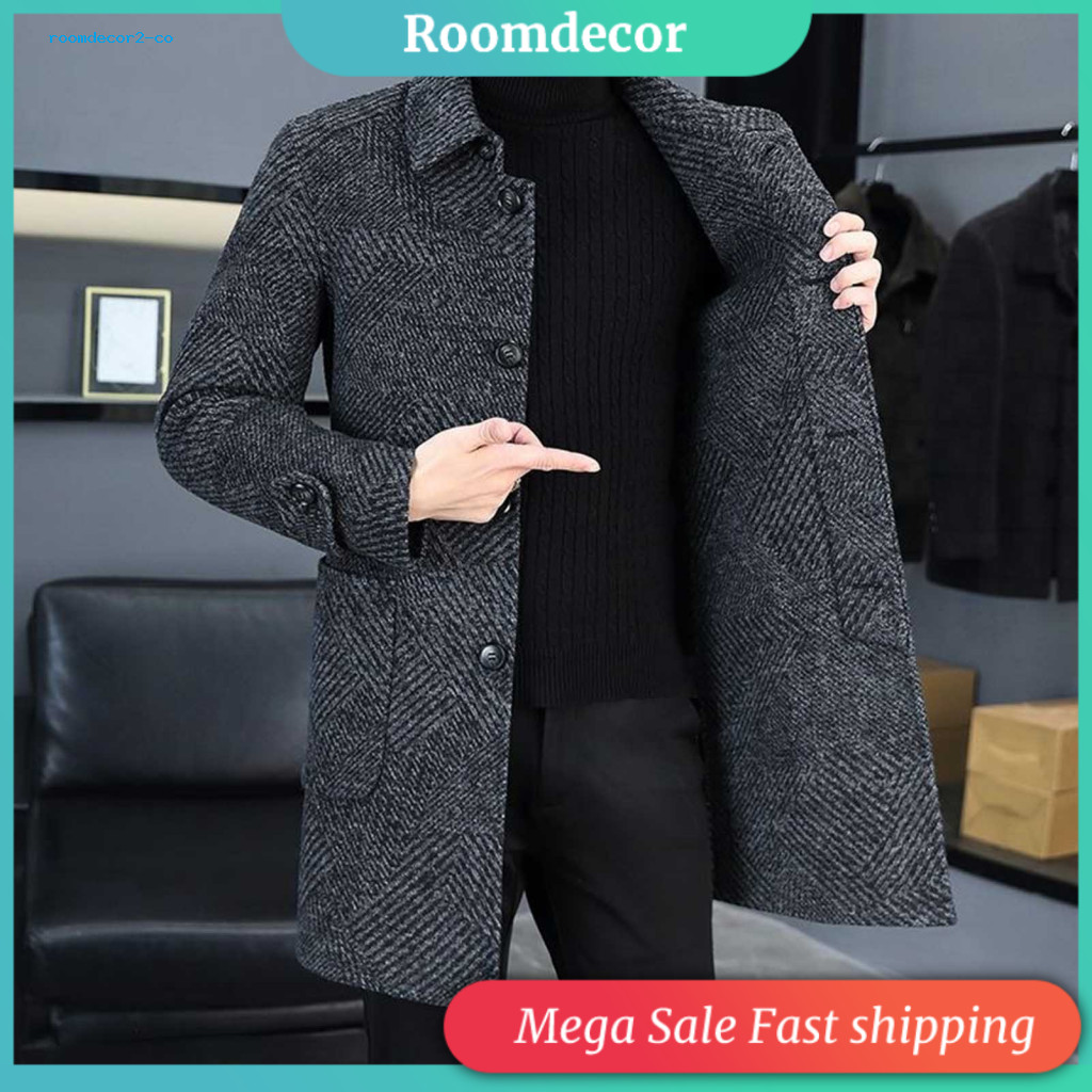 Men Woolen Coat Wool Men's Mid-length Overcoat with Lapel Single-breasted Long Sleeve Pockets – Casual and Daily Wear