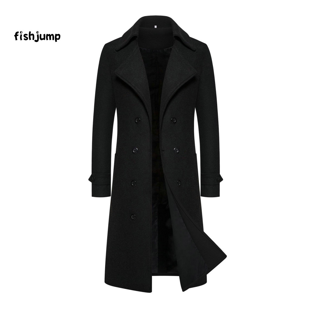 Men Solid Color Coat Overcoat Men's Double-breasted Slim Fit Mid-length Warm Thick Windproof Long Sleeve with Lapel for