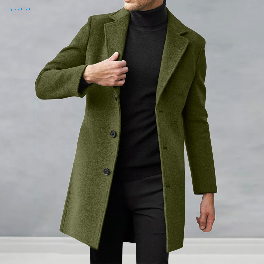 Men Slim Fit Overcoat Solid Color Coat Winter Men’s Wool Mid-length Single-breasted Suit with Lapel Collar Long Sleeve
