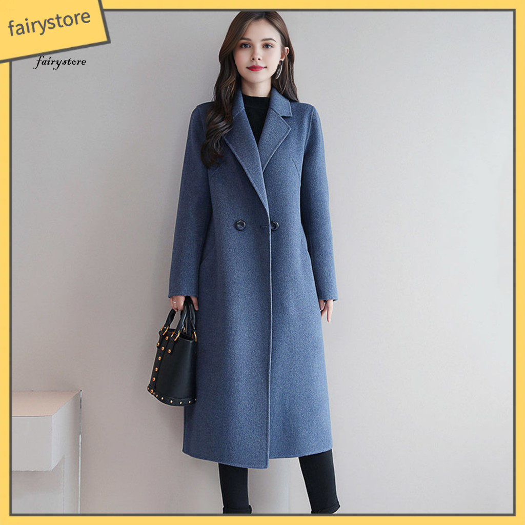 Women Wool Coat Polyester Women’s Fall Winter Blend Mid-long Peacoat Notch Lapel Single-breasted Thick Overcoat Trench