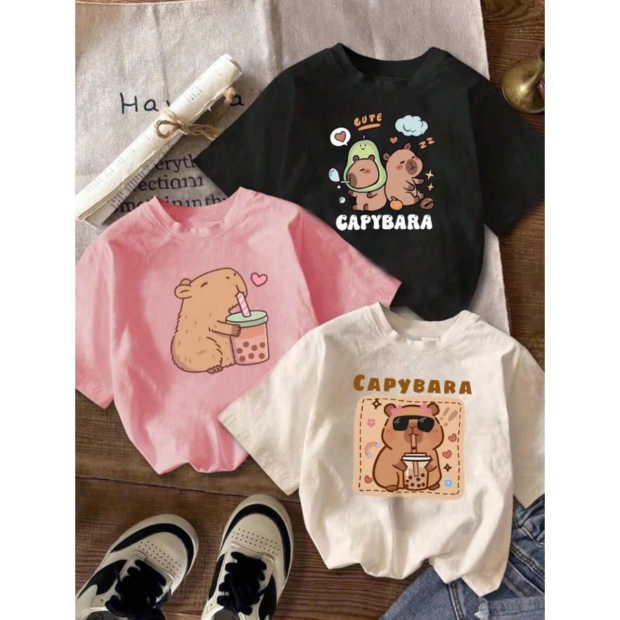 Kit 3 Camisetas Infantis Menina Capivara Cute T-Shirt Feminina Capybara Algodão Blusa Blogueirinha