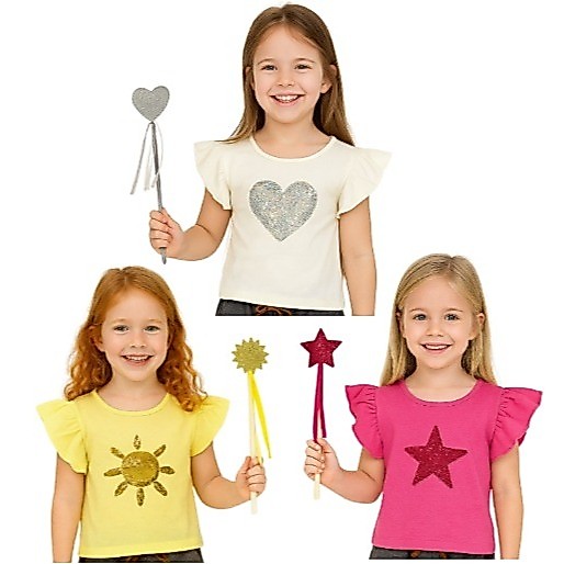 Blusa Infantil Marisa Feminina com Paetê + Varinha Mágica | Coração, Sol e Estrela | Presente Menina)