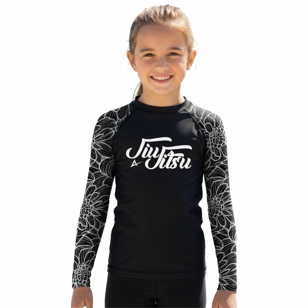 Camisa Térmica Rash Guard Infantil Feminina Flowers All Black Manga Longa