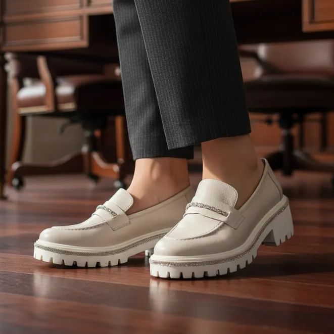 Mocassim Loafer Tratorado Monopólio Off White Couro Strass Casual Despojado Moderno Feminino Confort