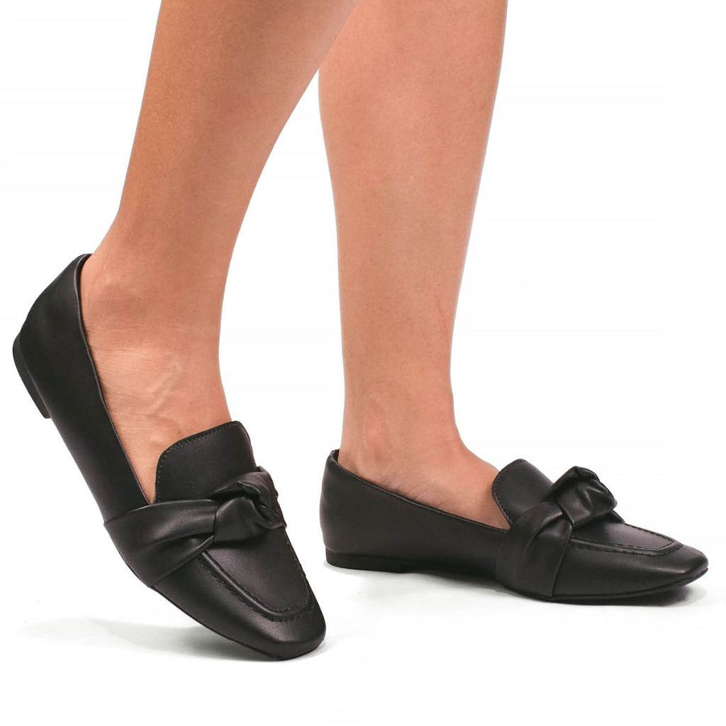 Sapato Social Feminino Mocassim com Laço e Bico Quadrado Confort Macio Leve Moda Lexie