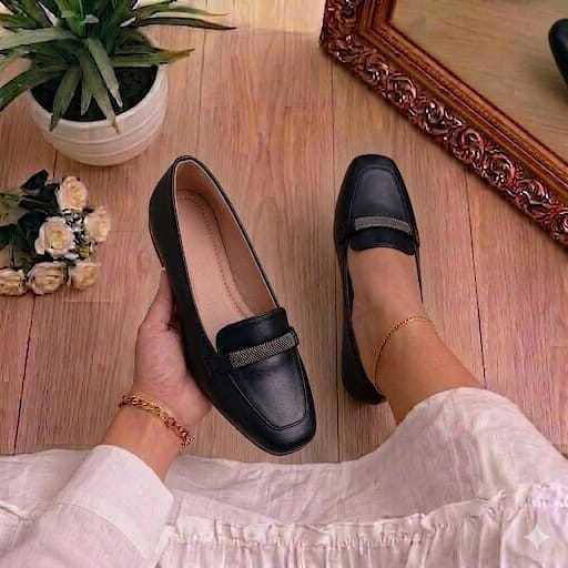 Sapatilha Feminina Mocassim Strass Confort Bico Quadrado Preto Para Trabalho E Dia a Di