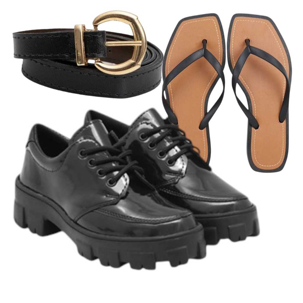 Kit Mocassim Verniz Ultra Confort+Chinelo Emborrachado Flat+Cinto Ajustável Promocional