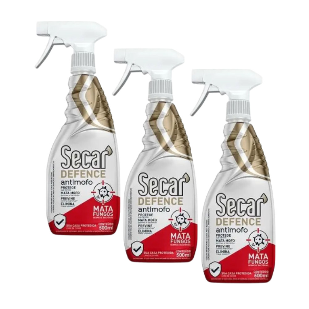 3 Spray Antimofo Secar Defence 500ml Mancha Maus Odores Bolor Fungos Mofo Bactérias Mau Cheiro