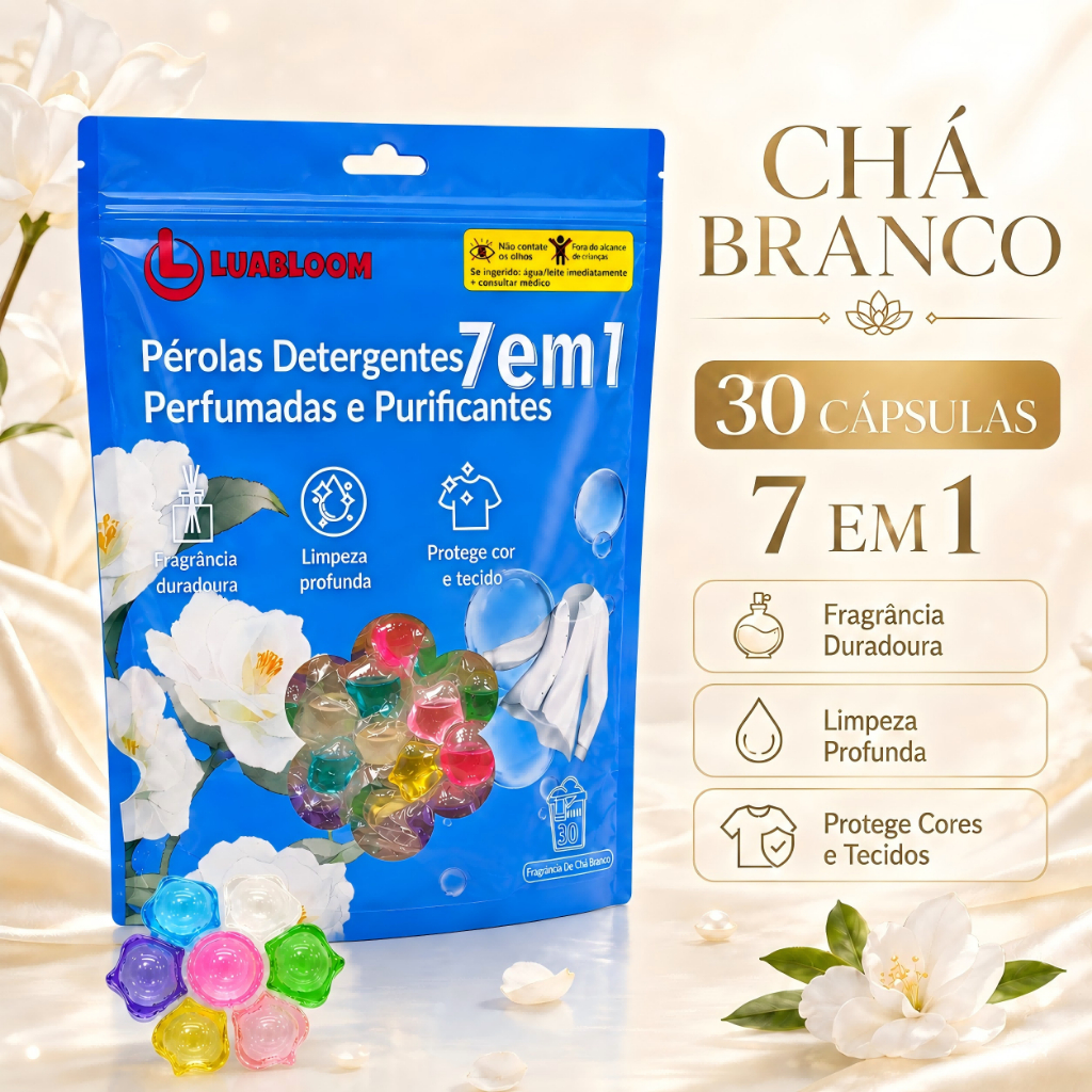LUABLOOM Detergente em Cápsulas Chá Branco 30 Unidades 7 em 1 | Toque Elegante, Roupa Limpa e Proteção dos Tecidos
