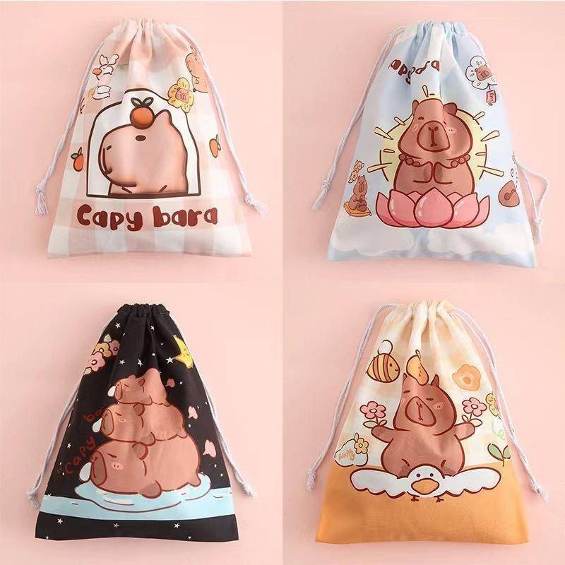 6Cotton drawstring bag with capybara pattern，Suitable for Christmas weddings DIY Cartoon packaging，Small simple bag，Dust