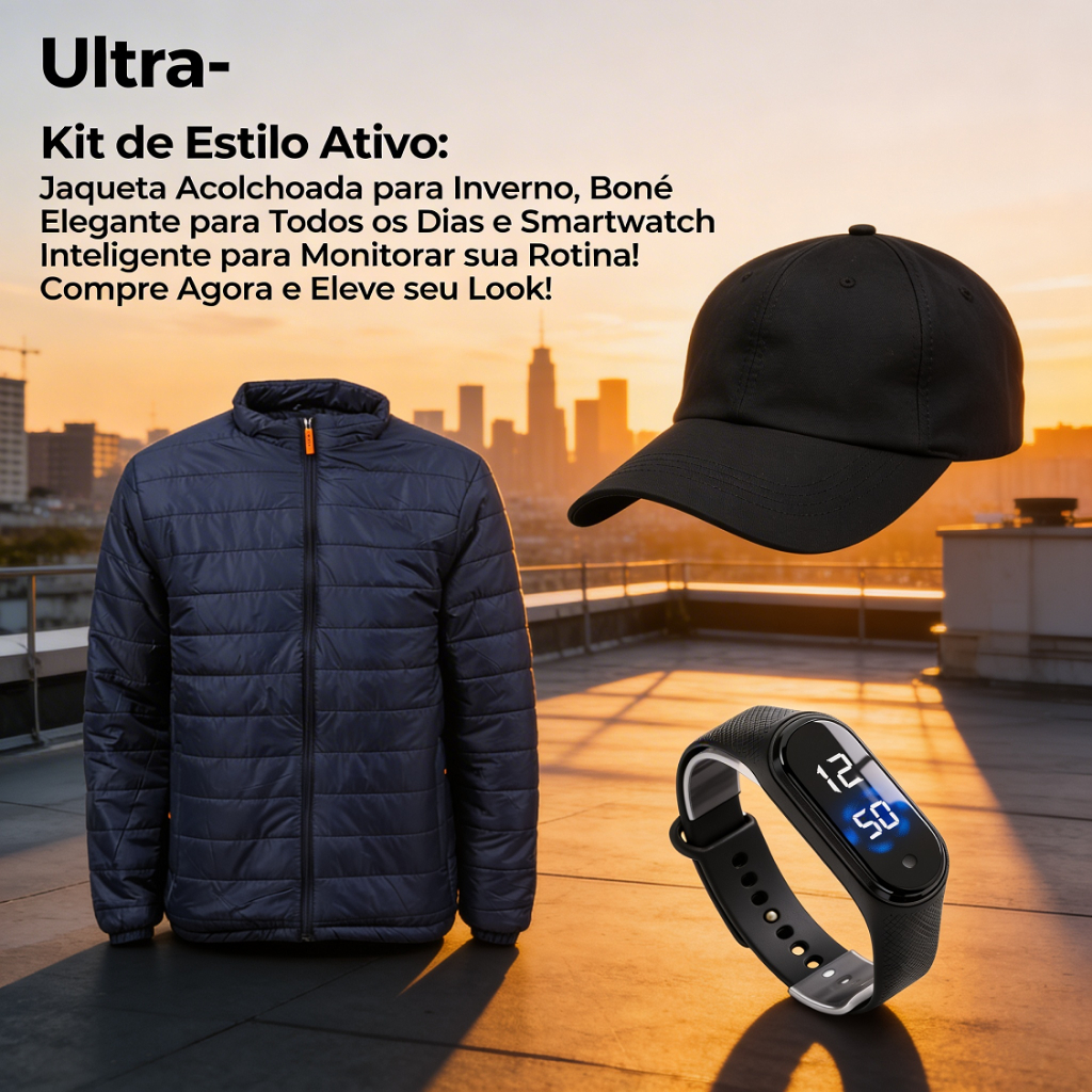 Kit Masculino 3 Peças Smartband + Jaqueta Puffer Bobojaco + Boné Básico Preto Estilo Casual