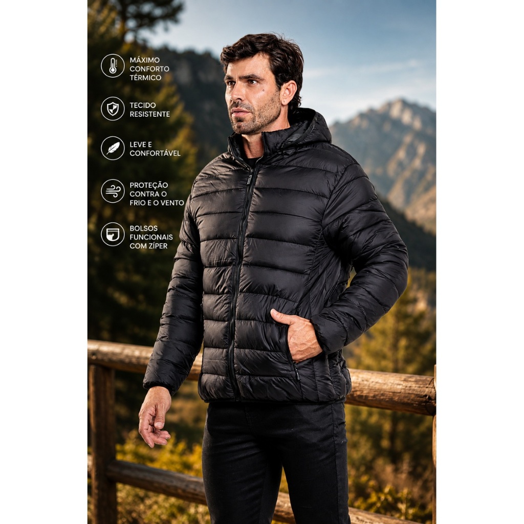 Jaqueta Puffer Masculina Impermeável Bobojaco Capuz Removível Inverno Frio Quente Casual Bomber