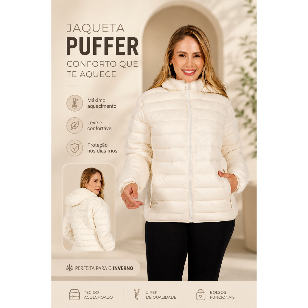Jaqueta Puffer Feminina Nylon Capuz Removível Bobojaco Impermeável Inverno Estilosa Casual