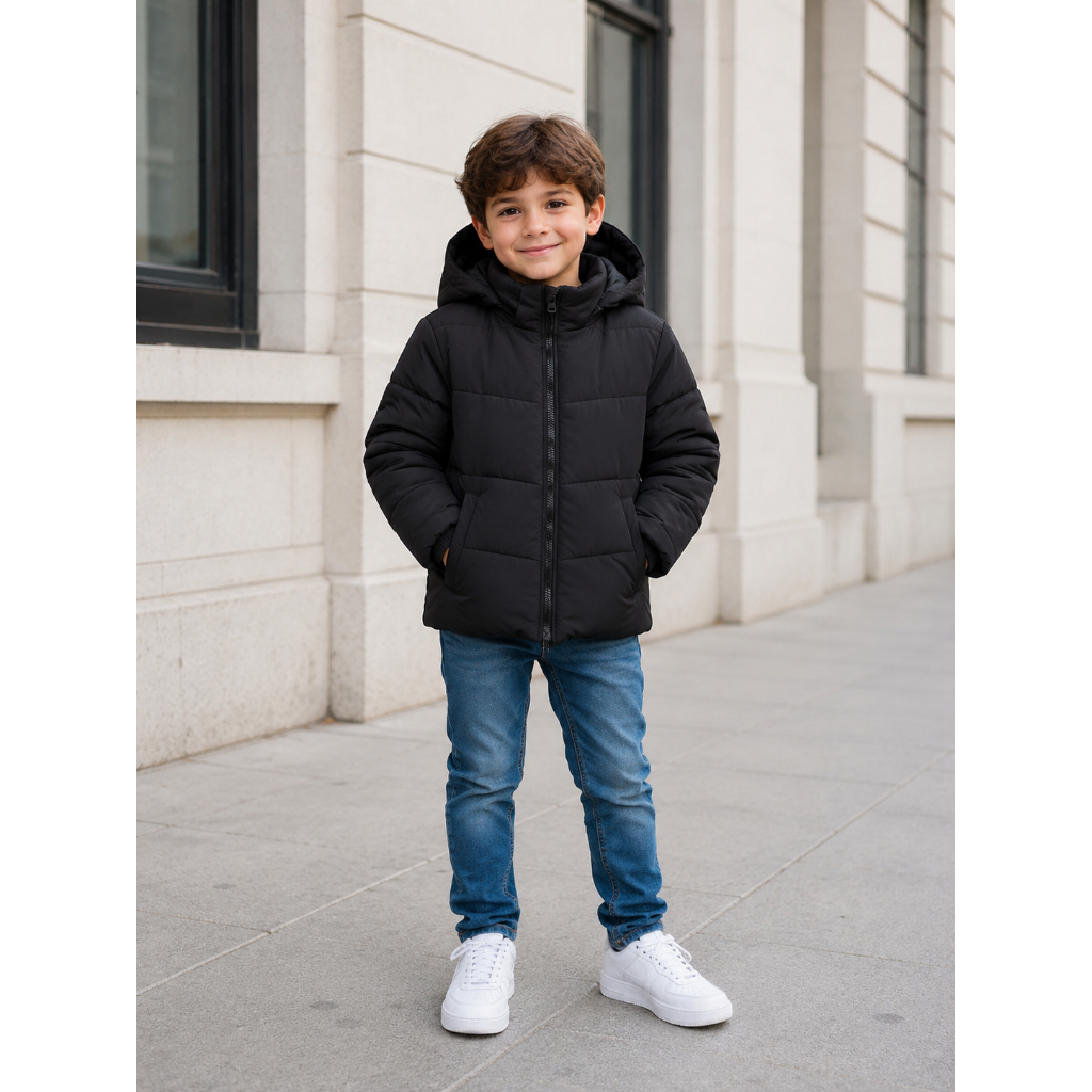 Jaqueta Puffer Infantil Juvenil Bobojaco Masculina Casual Inverno Capuz Removível Preto Azul Marinho