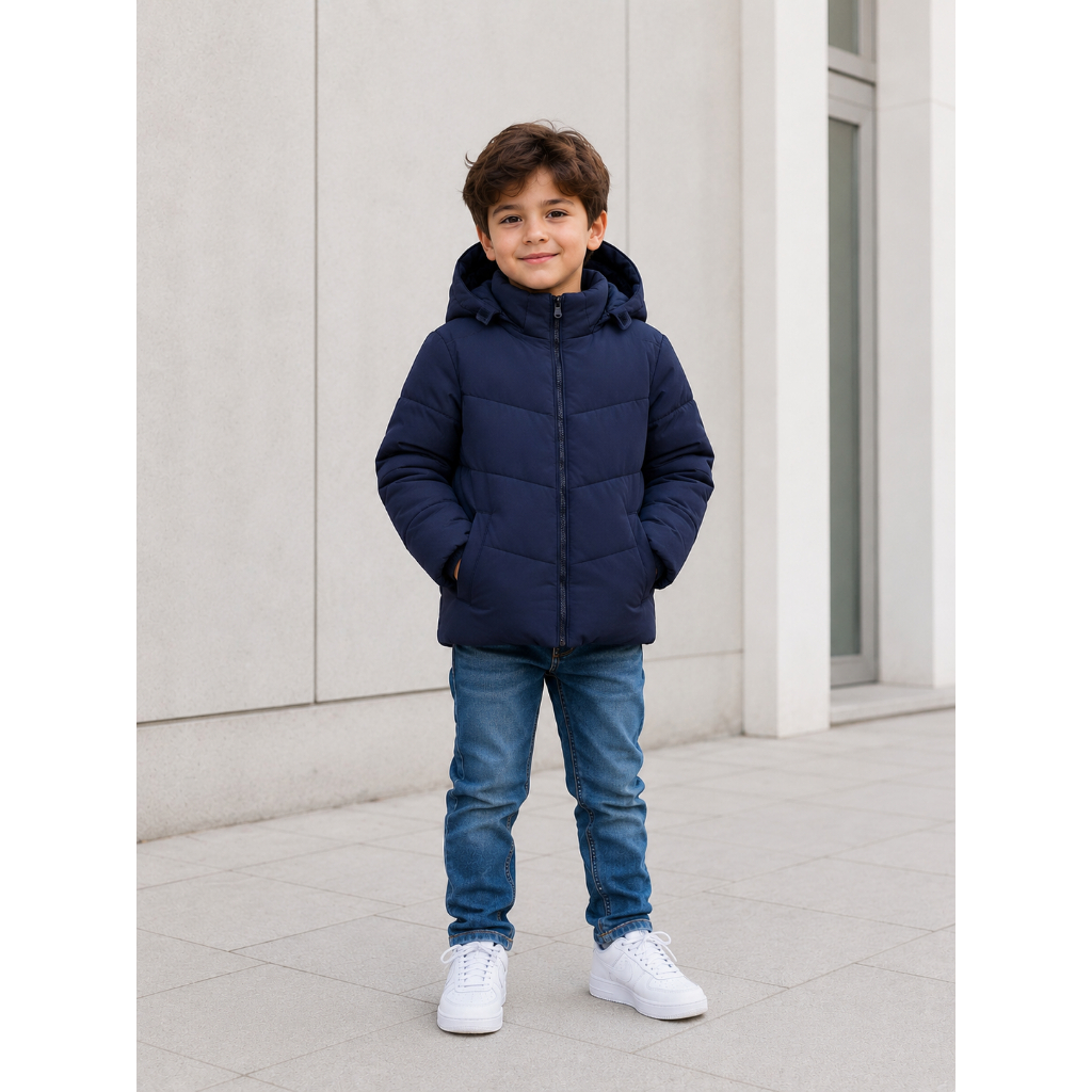 Jaqueta Puffer Infantil Juvenil Bobojaco Masculina Casual Inverno Capuz Removível Preto Azul Marinho