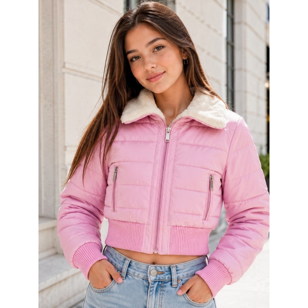 Jaqueta Cropped Infantil Feminina Inverno Puffer Peluciada Moda Menina Casual Elegante Confortável 8 ao 18