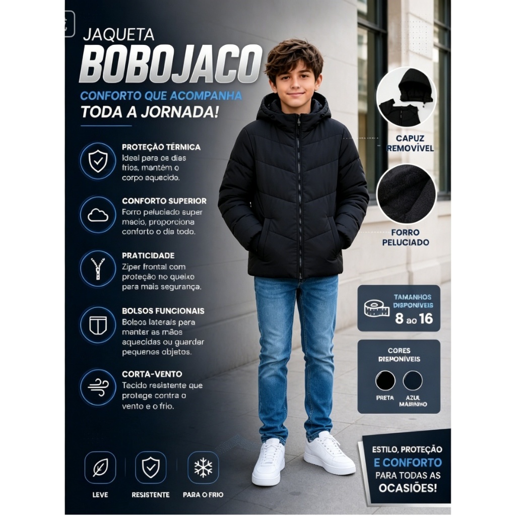 Jaqueta Puffer Infantil Juvenil Bobojaco Masculina Casual Inverno Capuz Removível Preto Azul Marinho