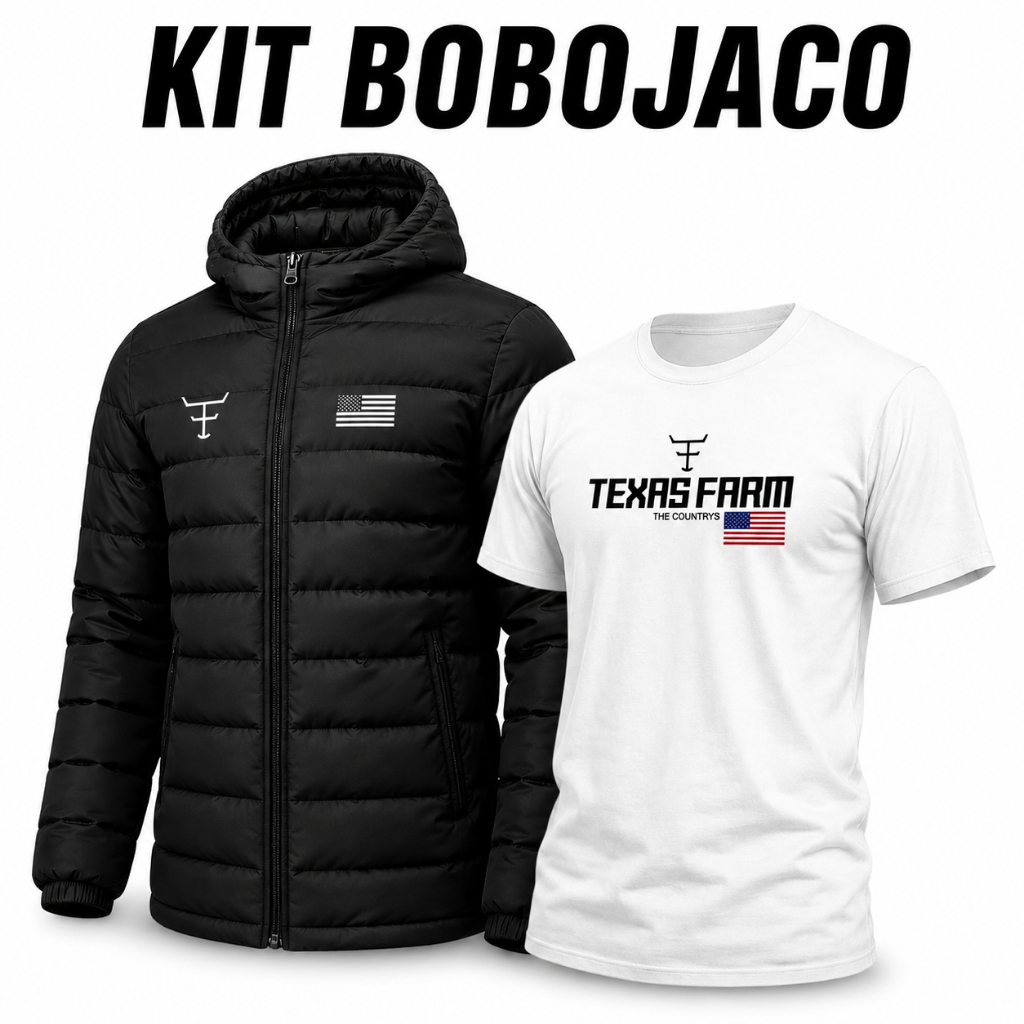 Kit Bobojaco Puffer Texas Farm + Camisa Texas Farm Masculina Country Rodeio Casual Premium - Promoçao Presente