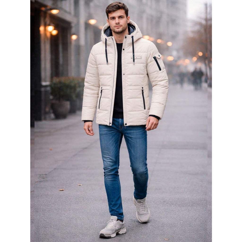 Jaqueta de Inverno Puffer com Capuz – Casaco Masculino, Acolchoado Térmico, Estilo Casual Urbano, Quente e Confortável