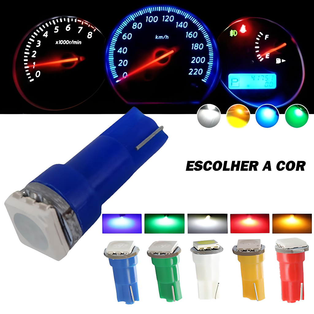 Lâmpada T5 w5w de Led Pinguinho  Esmagadinha soquete Ba9 E Ba7 Painel Carro Moto C/ Soquete Universal