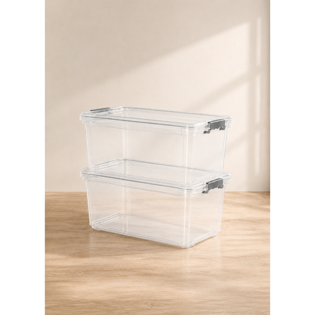 Kit 2 Caixa Organizadora Com Tampa e Trava Grande Tipo Conteiner 50L Transparente Branco Empilhável