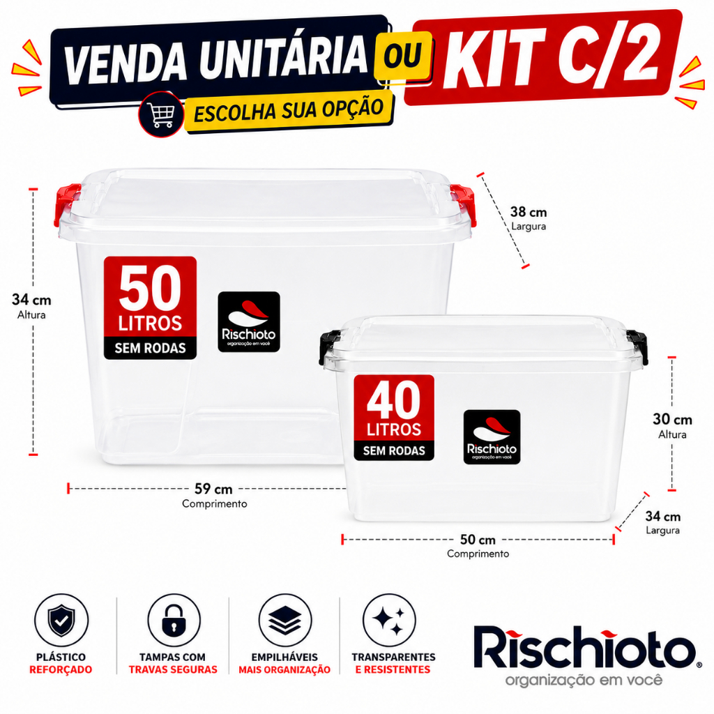 Caixa Organizadora Rischioto 40L e 50L Transparente com Tampa e Travas – Unidade ou Kit C/2