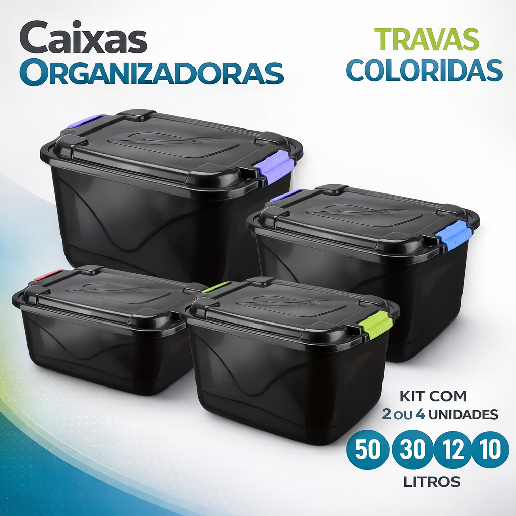 Kit Caixa Organizadora 10/12/30/50L Litros Preta Trava Colorida Grande, Multiuso / Jogo Conjunto