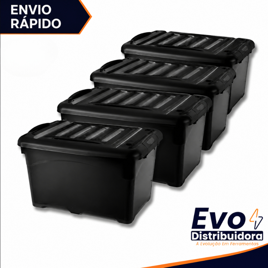 kit 04 unidades caixa organizadora 50 Litros preta com trava reforçada