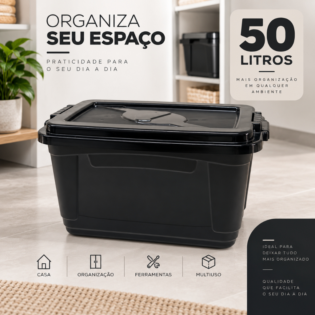 Caixa Organizadora Média 50l Preta Tampa E Travas Multiuso