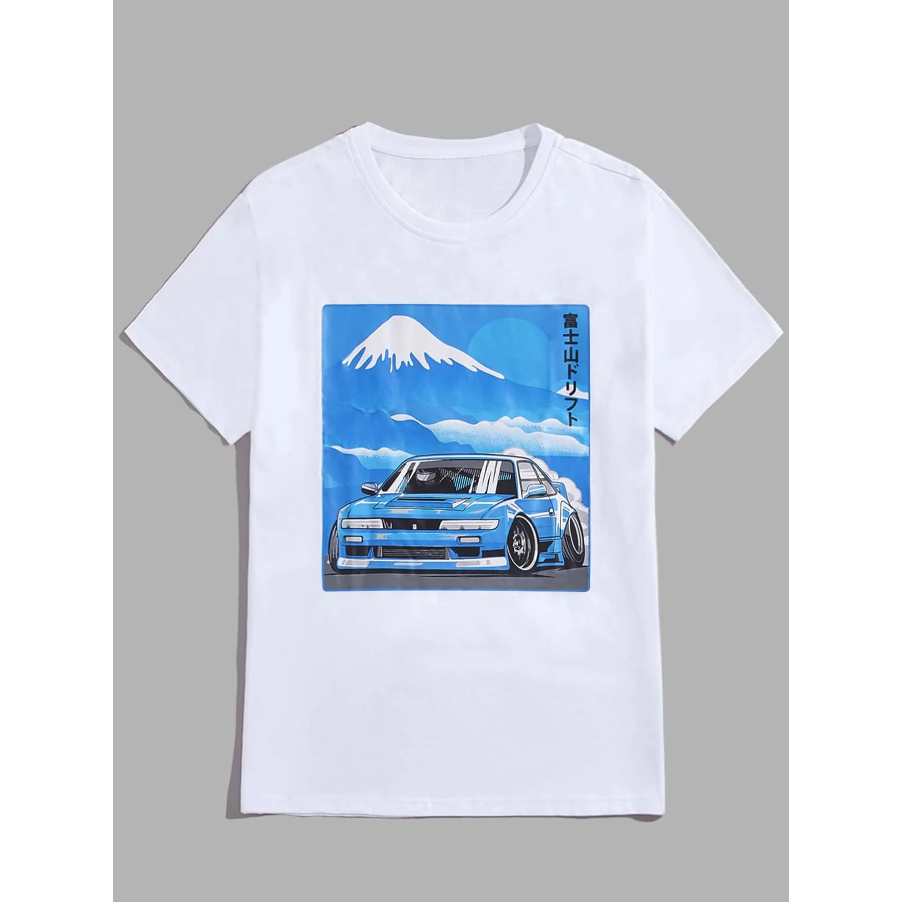 Camiseta Carro Monte Fuji Japão Oversized Long Line Manga Curta Streetwear Casual