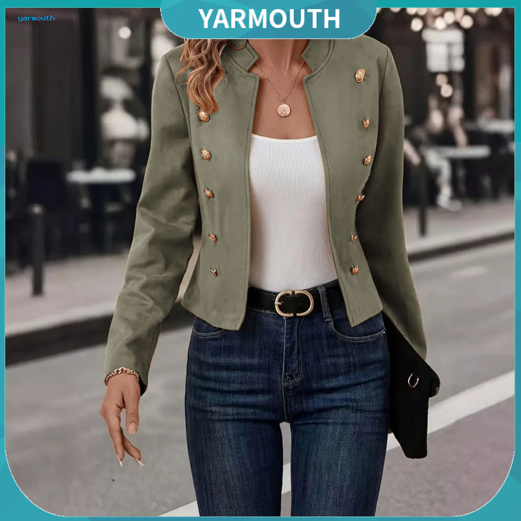Slim Fit Cardigan Jacket Short Stand Collar Business Outerwear Women’s Double Breasted Blazer Long Sleeve Solid Color