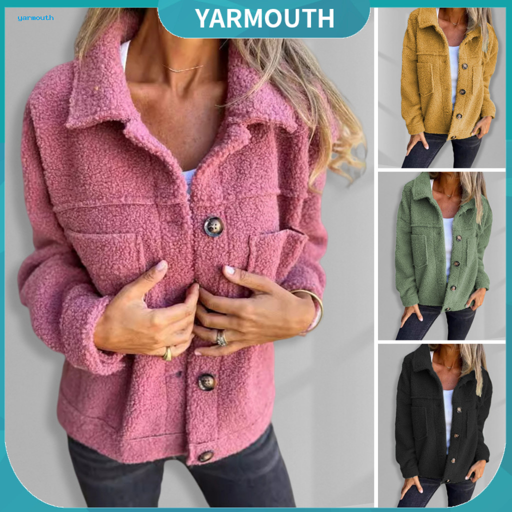 Turn-down Collar Coat Women Single-breasted Jacket Winter Women’s Thick Fleece Cardigan with Double Pockets Button Clo
