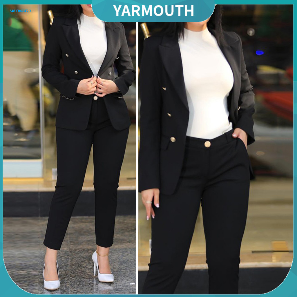 Formal Coat Pants Set Women 2 Pcs Suit – Long Sleeve Double Button Cardigan High Waist Straight Elegant Business Offic
