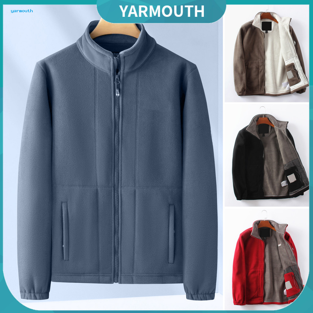 Lapel Cardigan Men Casual Jacket Men's Long Sleeve Double-sided Polar Fleece Coat with Solid Color Outerwear Pockets for