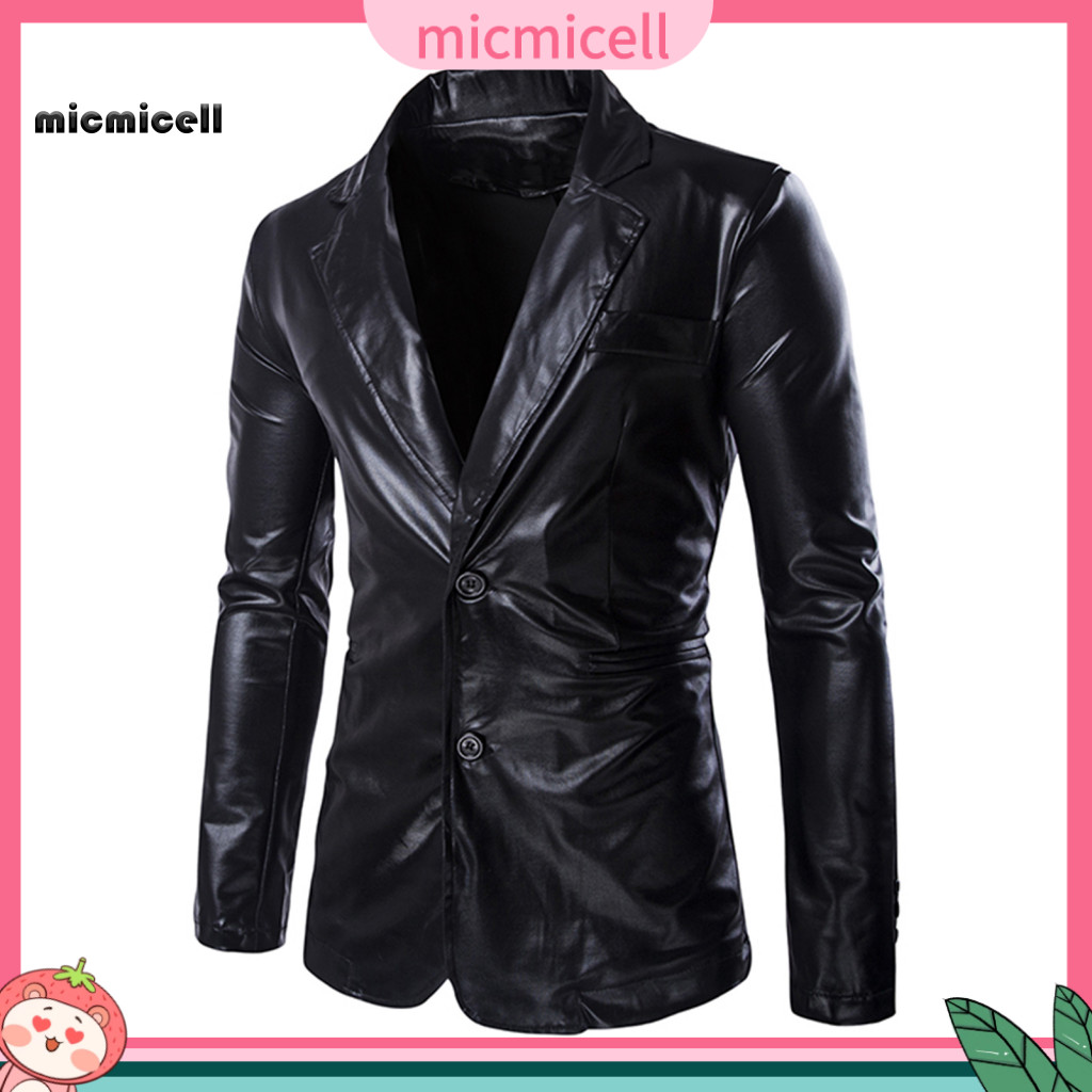Men Suit Jacket Cotton Blended Coat Men's Glossy Double Button Cardigan Turn-down Collar Long Sleeve Solid Color Mid-len