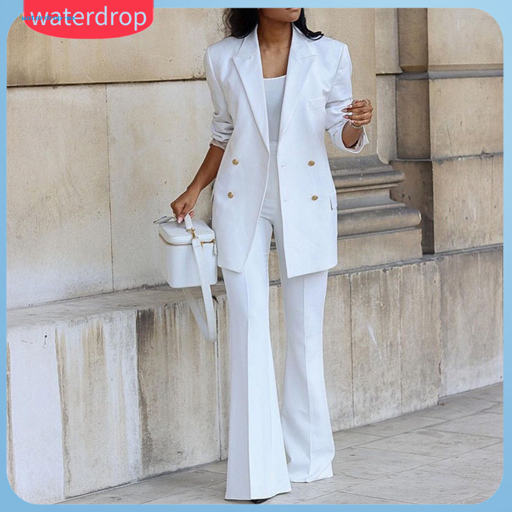 2 Pcs Women Coat and Pants Set Double-breasted Lapel Cardigan Jacket with Long Sleeves  High Waist Wide Leg Trousers Mid