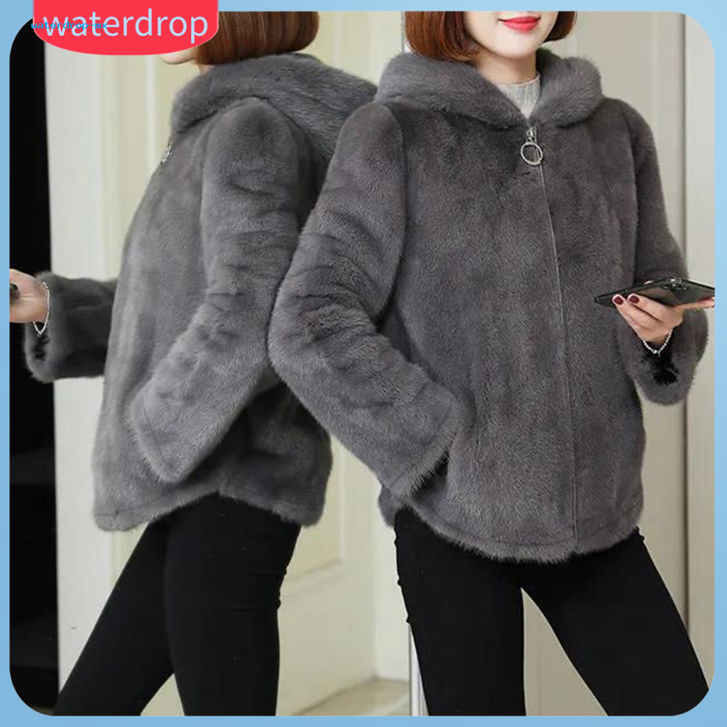 Women’s Winter Coat Double-sided Plush Hooded Jacket Thick Warm Long Sleeve Zipper Cardigan Cozy Loose Outerwear for W