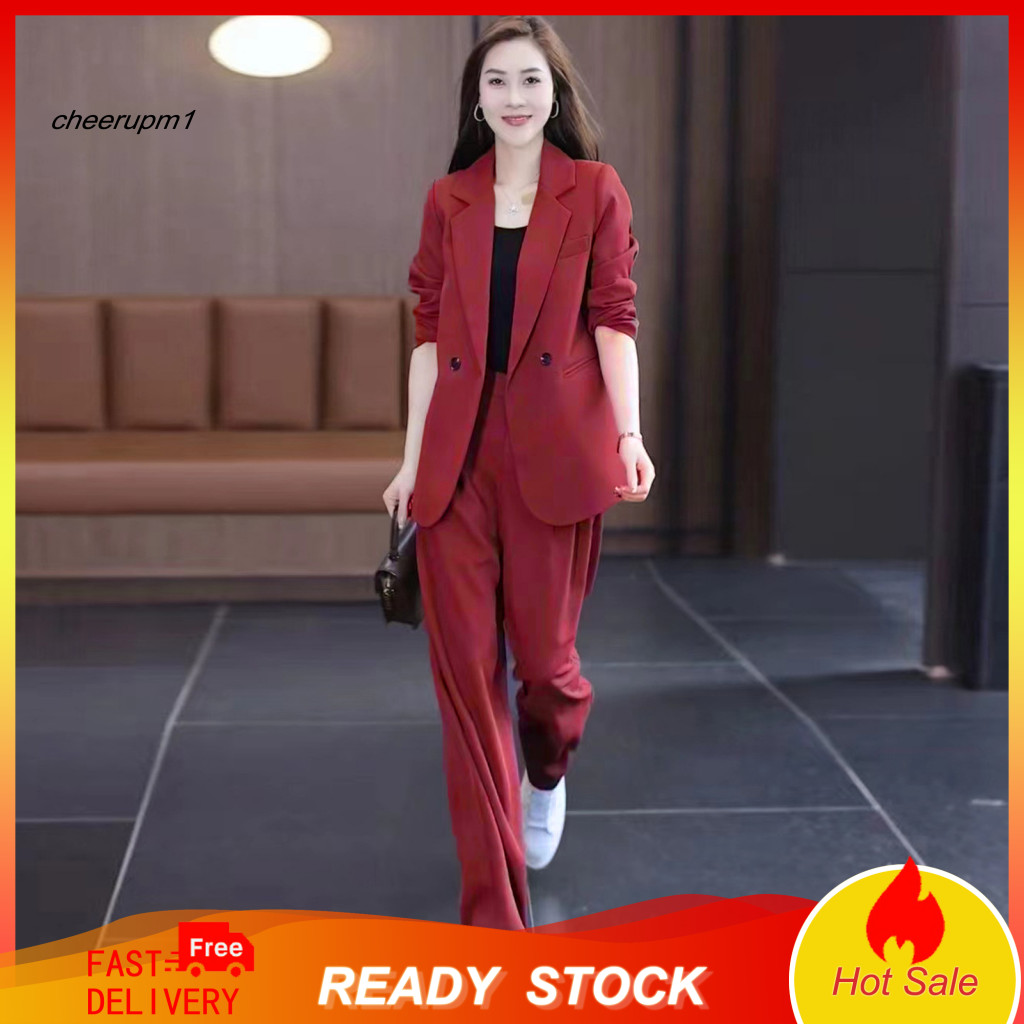 Women Commuter Jacket and Trousers Set Formal Coat Pants 2 Pcs Business Suit – Long Sleeve Double Button Cardigan High